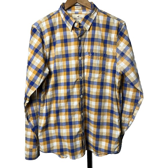 Hollister Shirt‎ Long Sleeve Button Down Collar Blue Plaid Stretch Men Medium - Picture 1 of 5